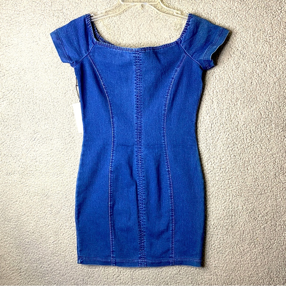 R Iris dress Womens Size S Small Bodycon Mini Stretch Denim Blue zip up
